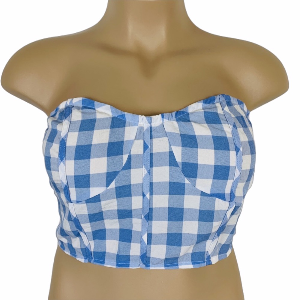 PrettyLittleThing Gingham Bandeau Blue Crop Top 12